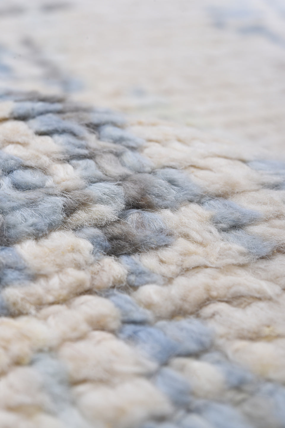 8' x 9' one-of-a-kind handmade vintage Tulu rug. Color palette: ivory, pale blue, light gray, cream, taupe, light blue