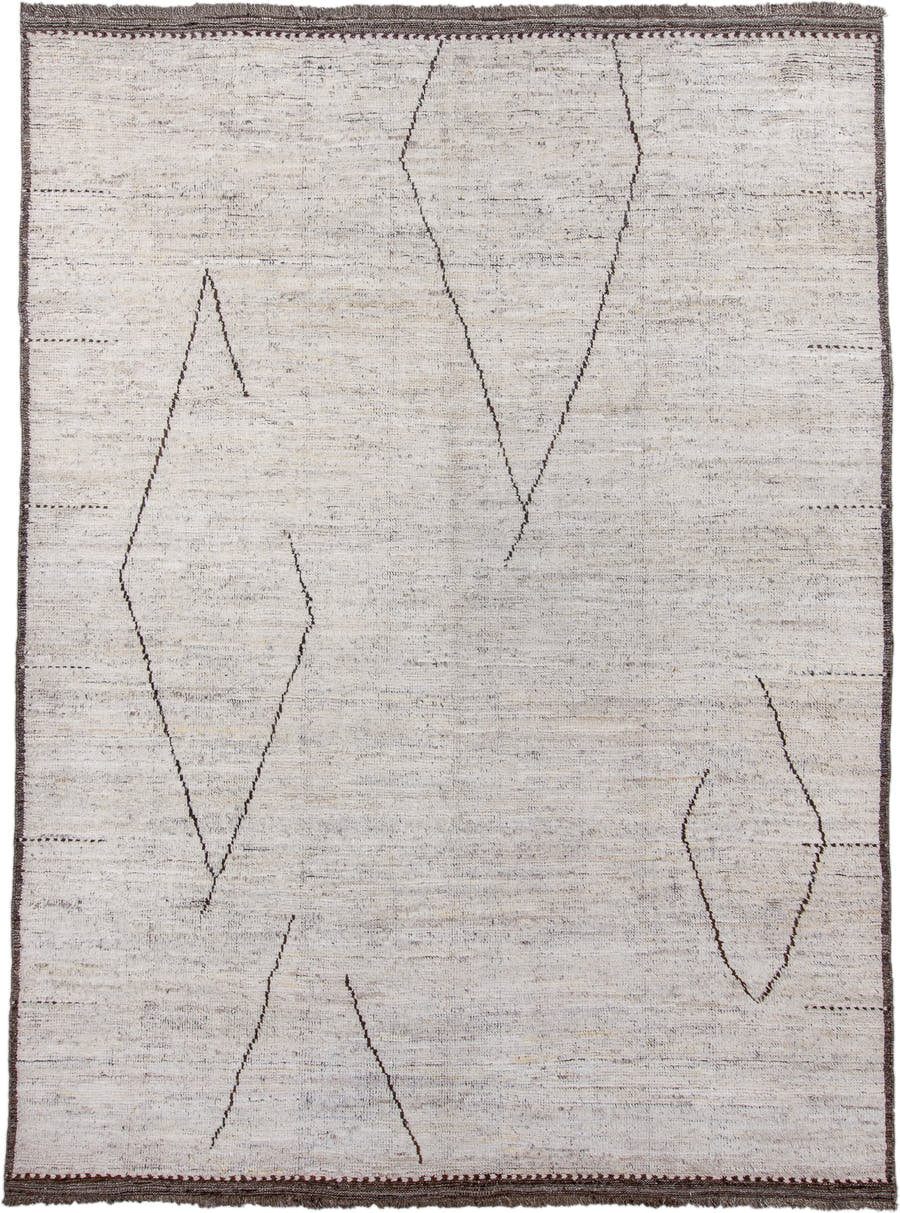 9' x 13' one-of-a-kind handmade vintage Tulu large size rug. Color palette: ivory, brown, taupe, charcoal, cream, beige