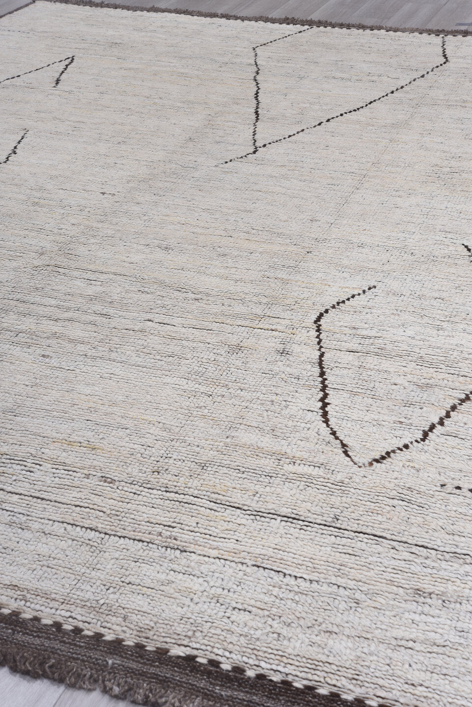9' x 13' one-of-a-kind handmade vintage Tulu large size rug. Color palette: ivory, brown, taupe, charcoal, cream, beige