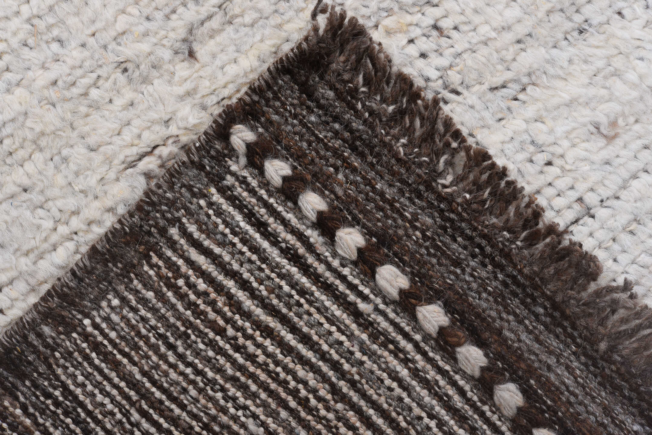 9' x 13' one-of-a-kind handmade vintage Tulu large size rug. Color palette: ivory, brown, taupe, charcoal, cream, beige
