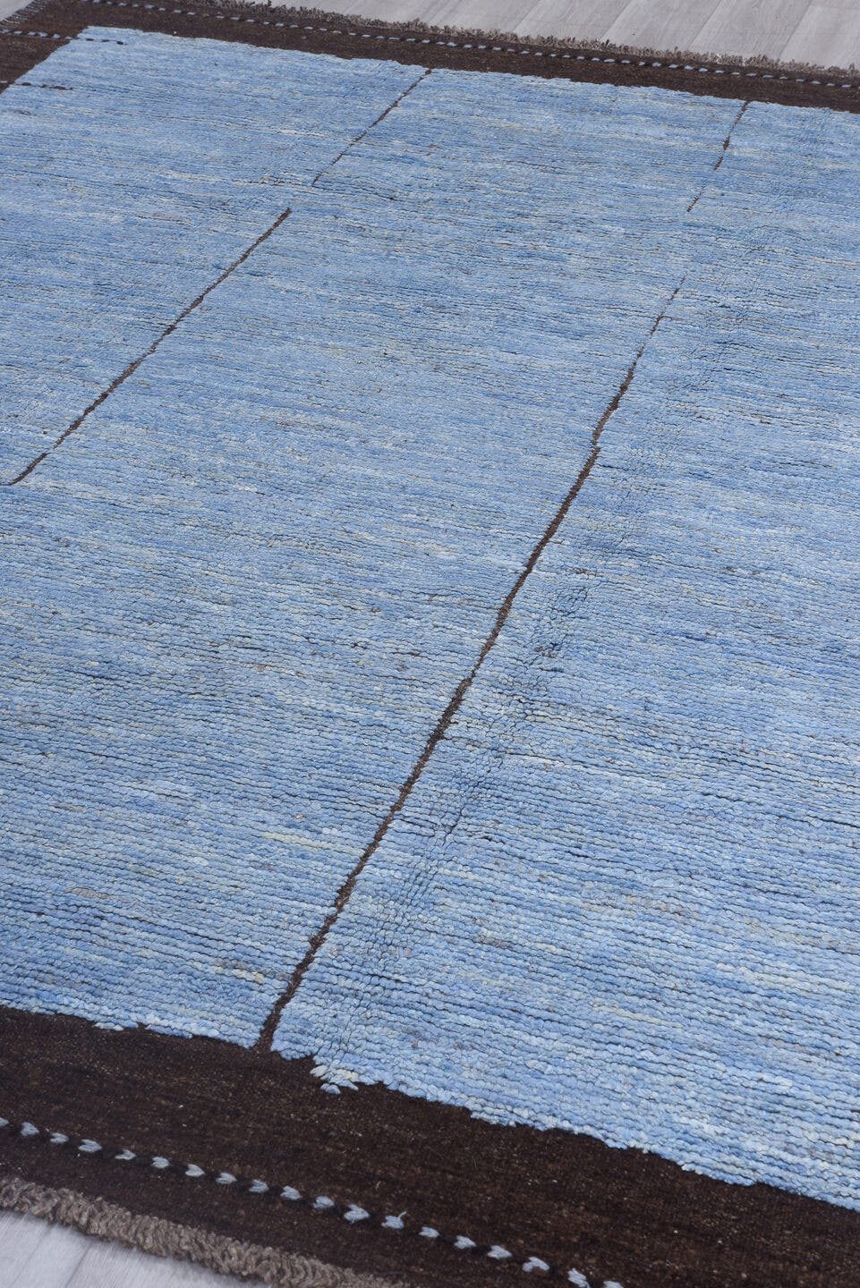 8' x 10' one-of-a-kind handmade vintage Tulu large size rug. Color palette: light blue, brown, taupe, ivory, beige, gray