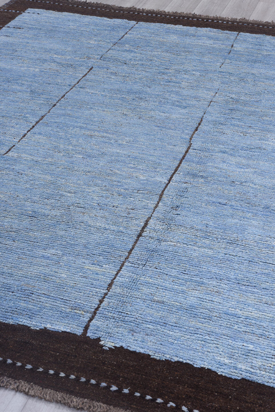 8' x 10' one-of-a-kind handmade vintage Tulu large size rug. Color palette: blue, brown, fiord, gray, light blue, light gray