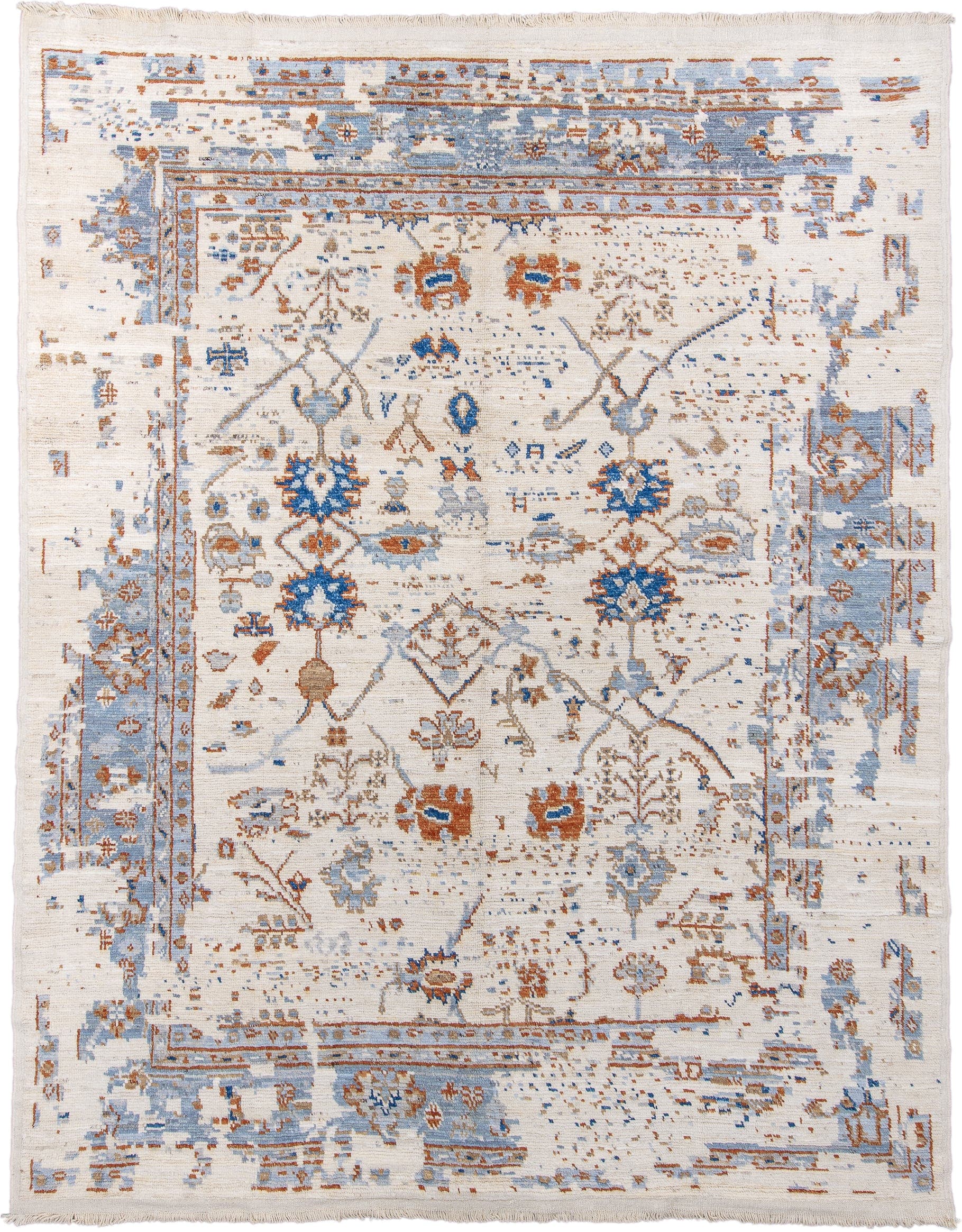 10' x 13' one-of-a-kind handmade vintage Tulu large size rug. Color palette: ivory, powder_blue, rust, camel, taupe, cobalt
