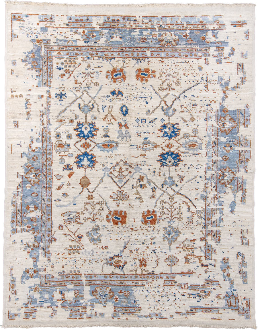 10' x 13' one-of-a-kind handmade vintage Tulu large size rug. Color palette: ivory, powder_blue, rust, camel, taupe, cobalt
