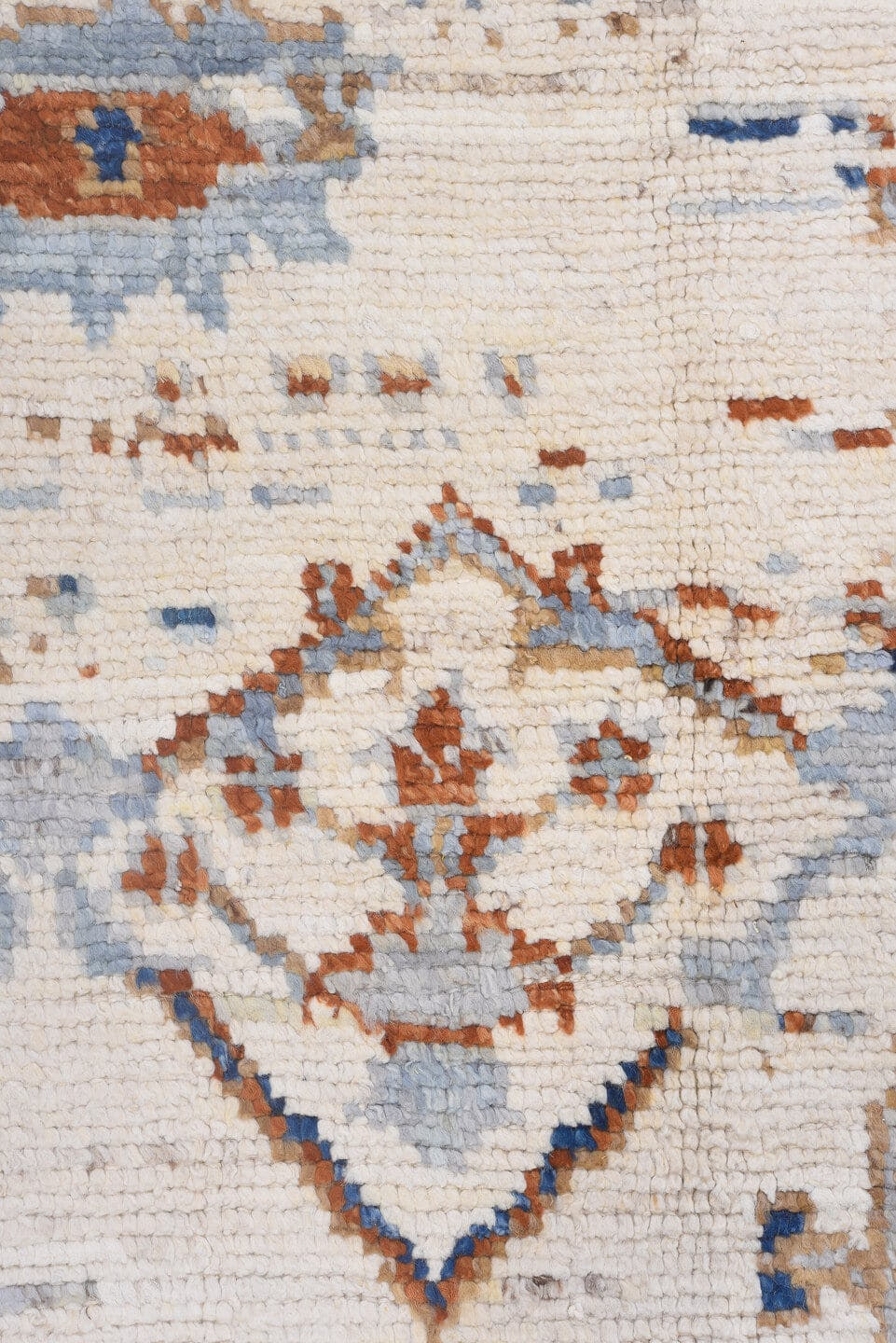 10' x 13' one-of-a-kind handmade vintage Tulu large size rug. Color palette: ivory, powder_blue, rust, camel, taupe, cobalt
