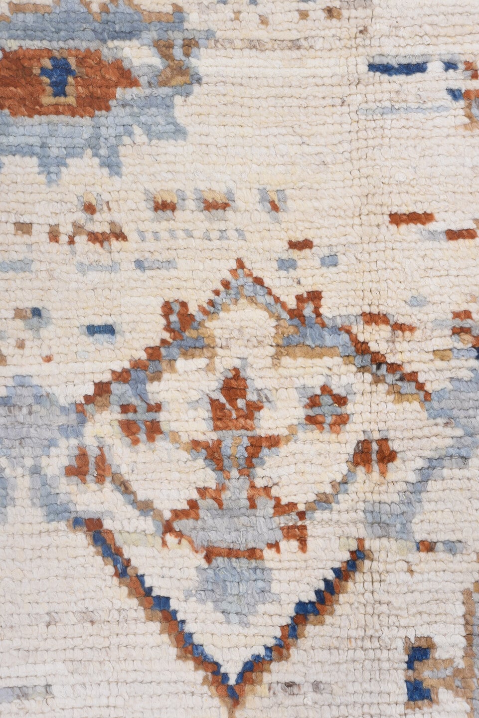 10' x 13' one-of-a-kind handmade vintage Tulu large size rug. Color palette: ivory, powder_blue, rust, camel, taupe, cobalt