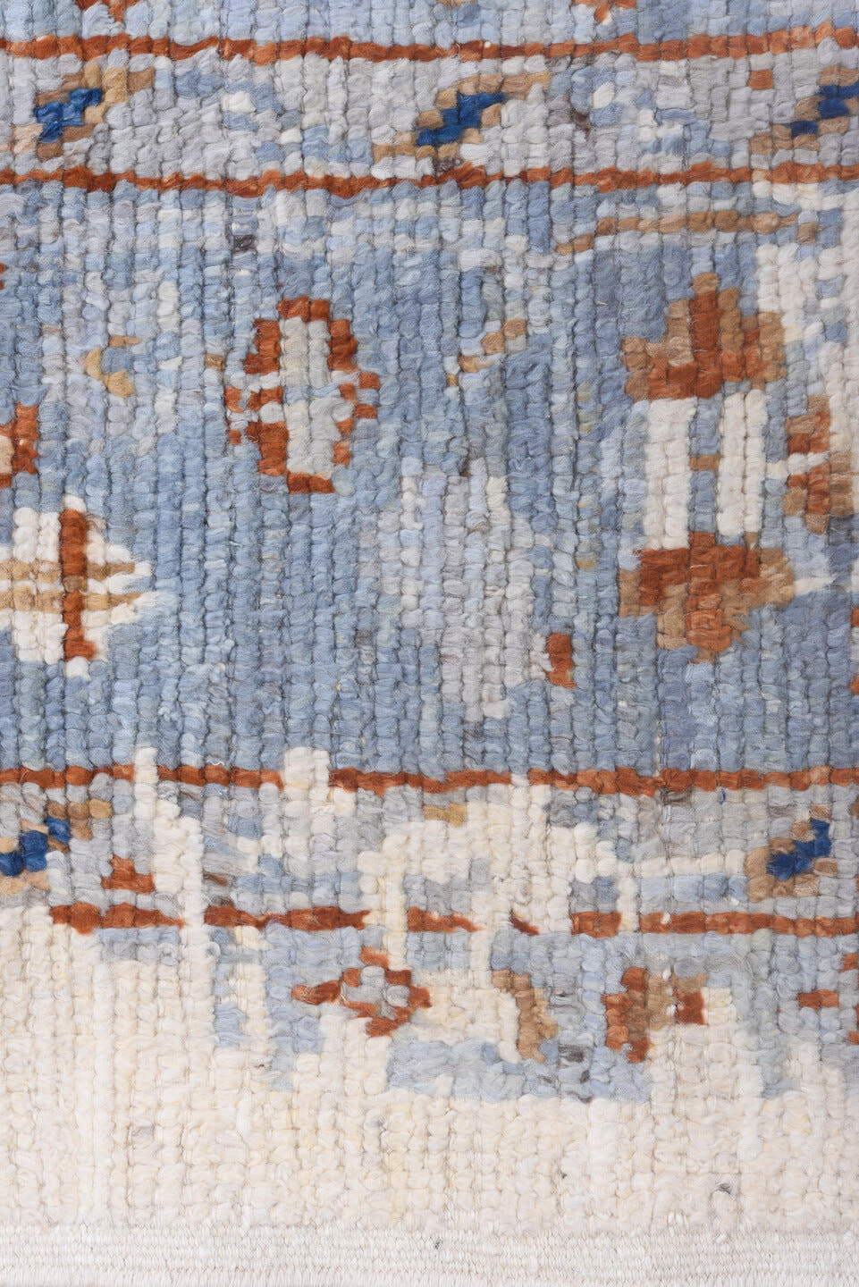 10' x 13' one-of-a-kind handmade vintage Tulu large size rug. Color palette: ivory, powder_blue, rust, camel, taupe, cobalt