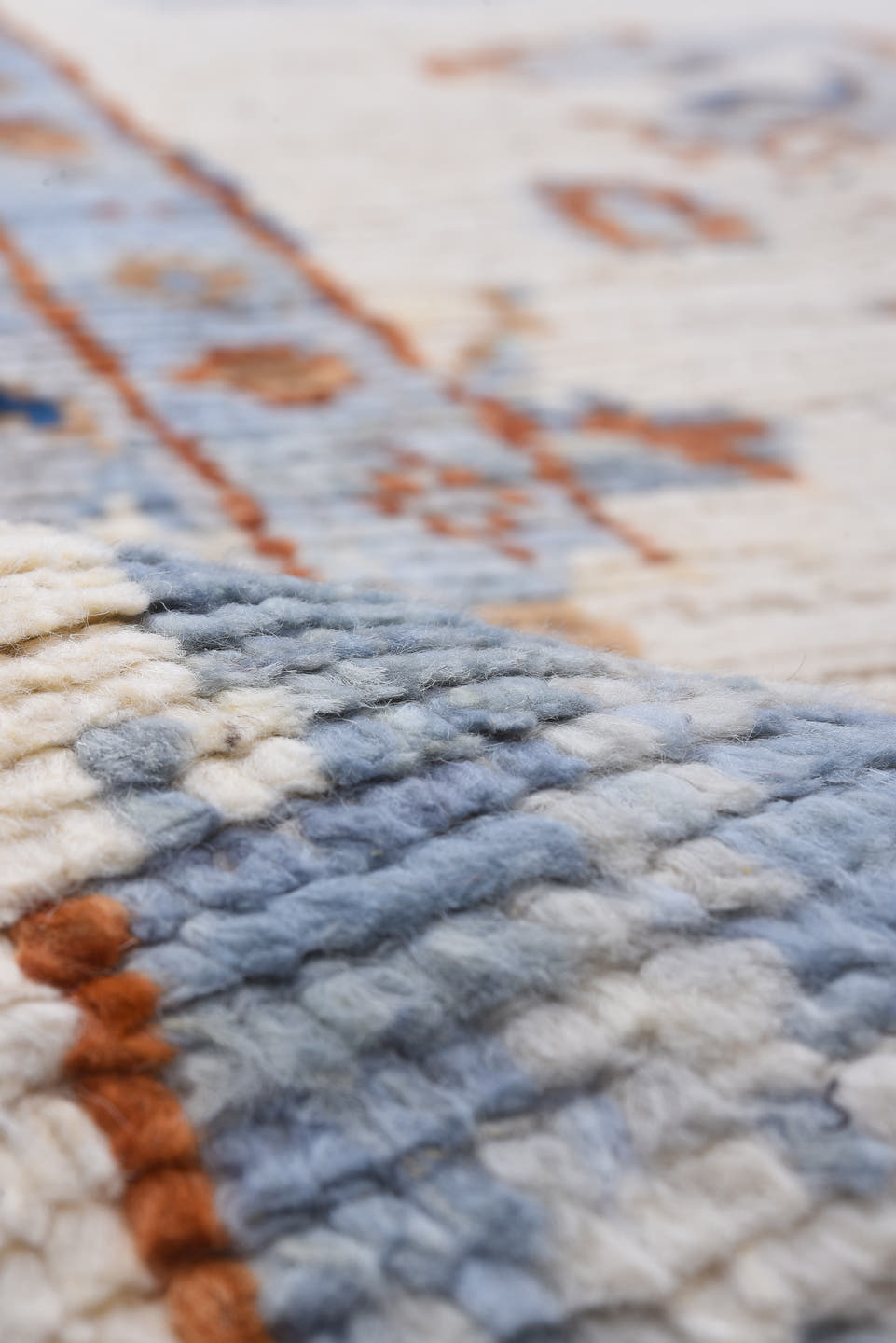 10' x 13' one-of-a-kind handmade vintage Tulu large size rug. Color palette: ivory, powder_blue, rust, camel, taupe, cobalt