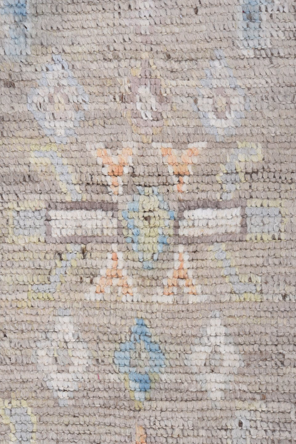 8' x 9' one-of-a-kind handmade vintage Tulu rug. Color palette: taupe, ivory, pale blue, beige, gold, blush, gray, camel