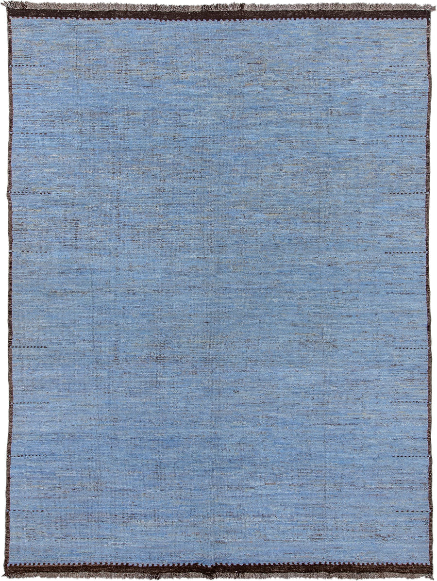 9' x 13' one-of-a-kind handmade vintage Tulu large size rug. Color palette: sky blue, charcoal, slate, ivory, light blue