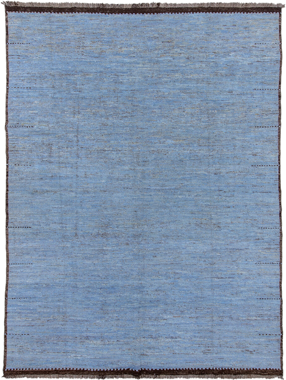 9' x 13' one-of-a-kind handmade vintage Tulu large size rug. Color palette: sky blue, charcoal, slate, ivory, light blue