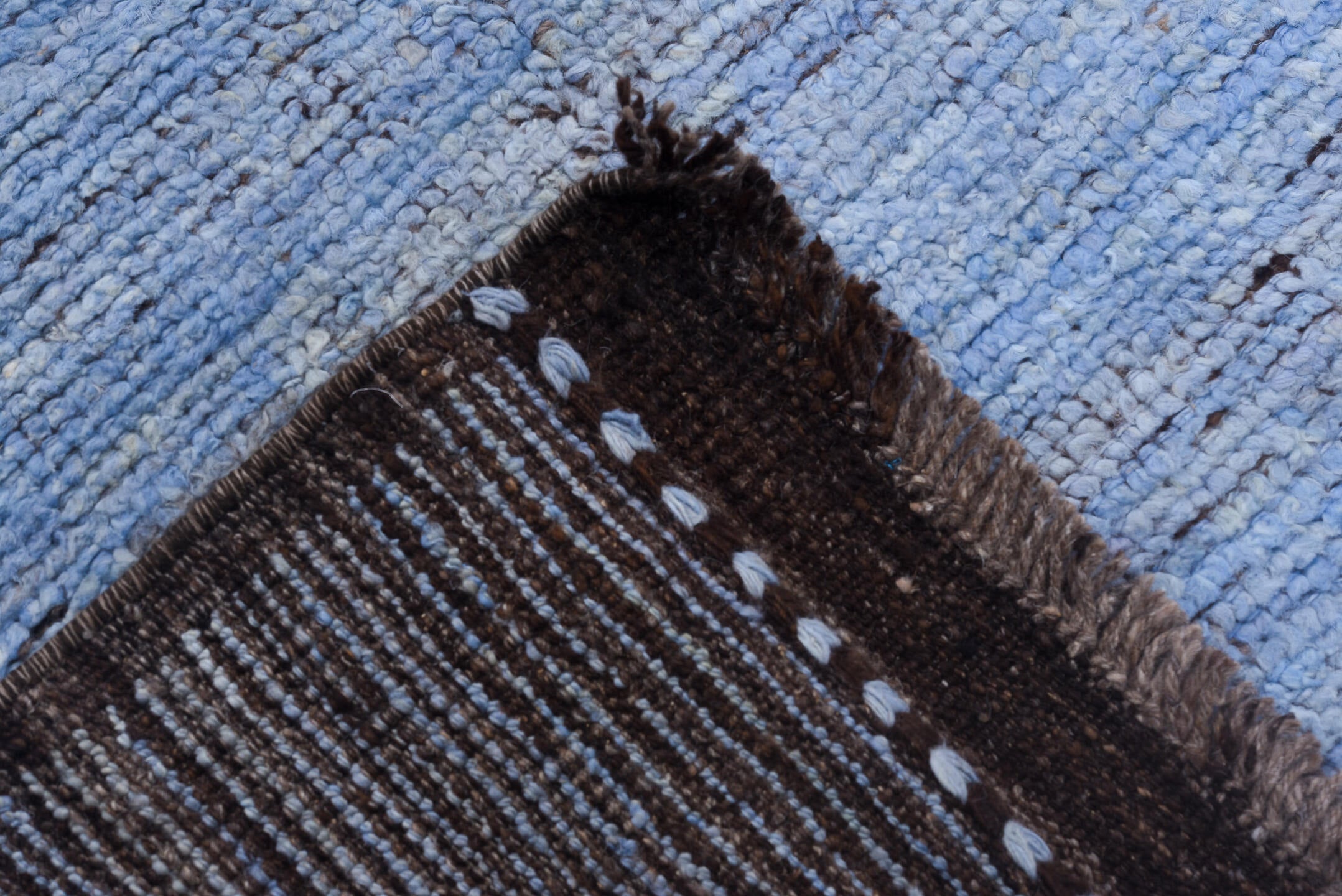 9' x 13' one-of-a-kind handmade vintage Tulu large size rug. Color palette: sky blue, charcoal, slate, ivory, light blue