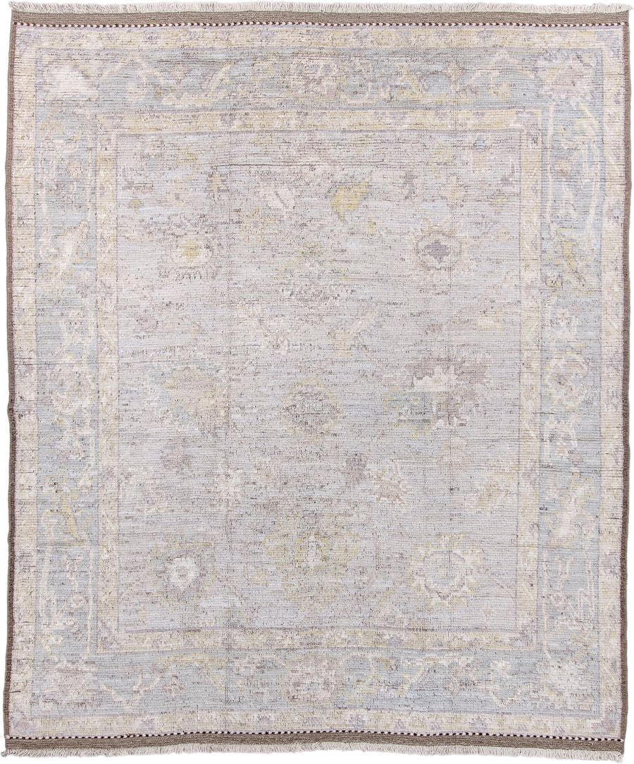 8' x 10' one-of-a-kind handmade vintage Tulu large size rug. Color palette: ivory, taupe, pale blue, cream, gold, beige