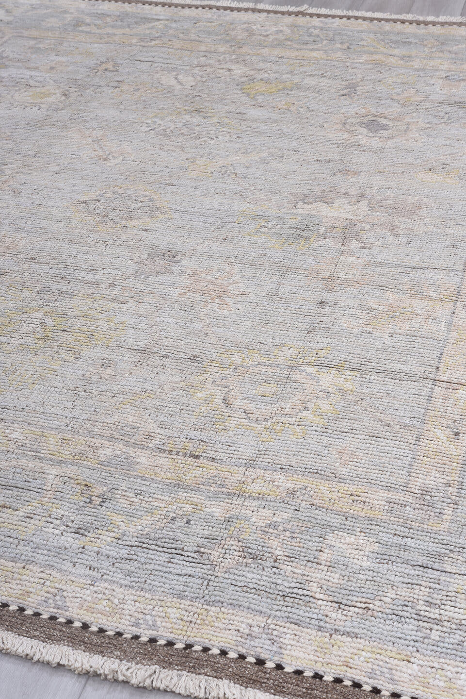 8' x 10' one-of-a-kind handmade vintage Tulu large size rug. Color palette: ivory, taupe, pale blue, cream, gold, beige