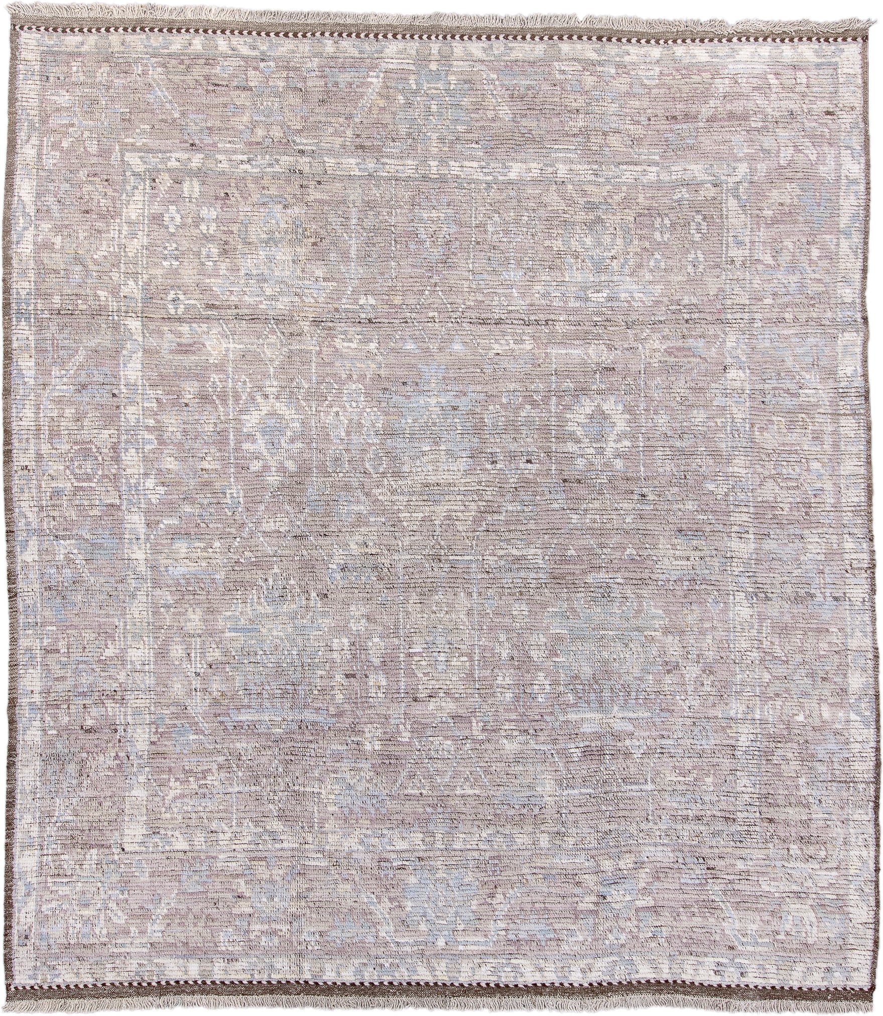 8' x 9' one-of-a-kind handmade vintage Tulu rug. Color palette: taupe, ivory, blush, pale blue, beige, brown, gray, pink