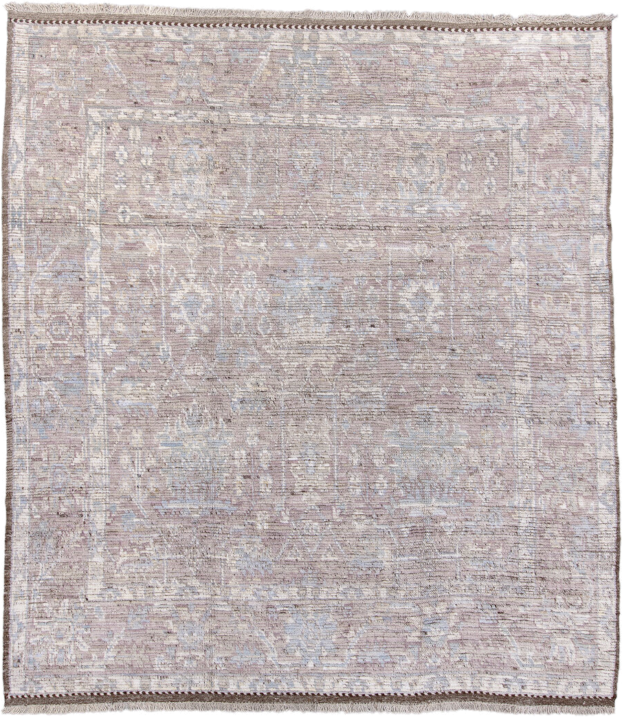 8' x 9' one-of-a-kind handmade vintage Tulu rug. Color palette: taupe, ivory, blush, pale blue, beige, brown, gray, pink