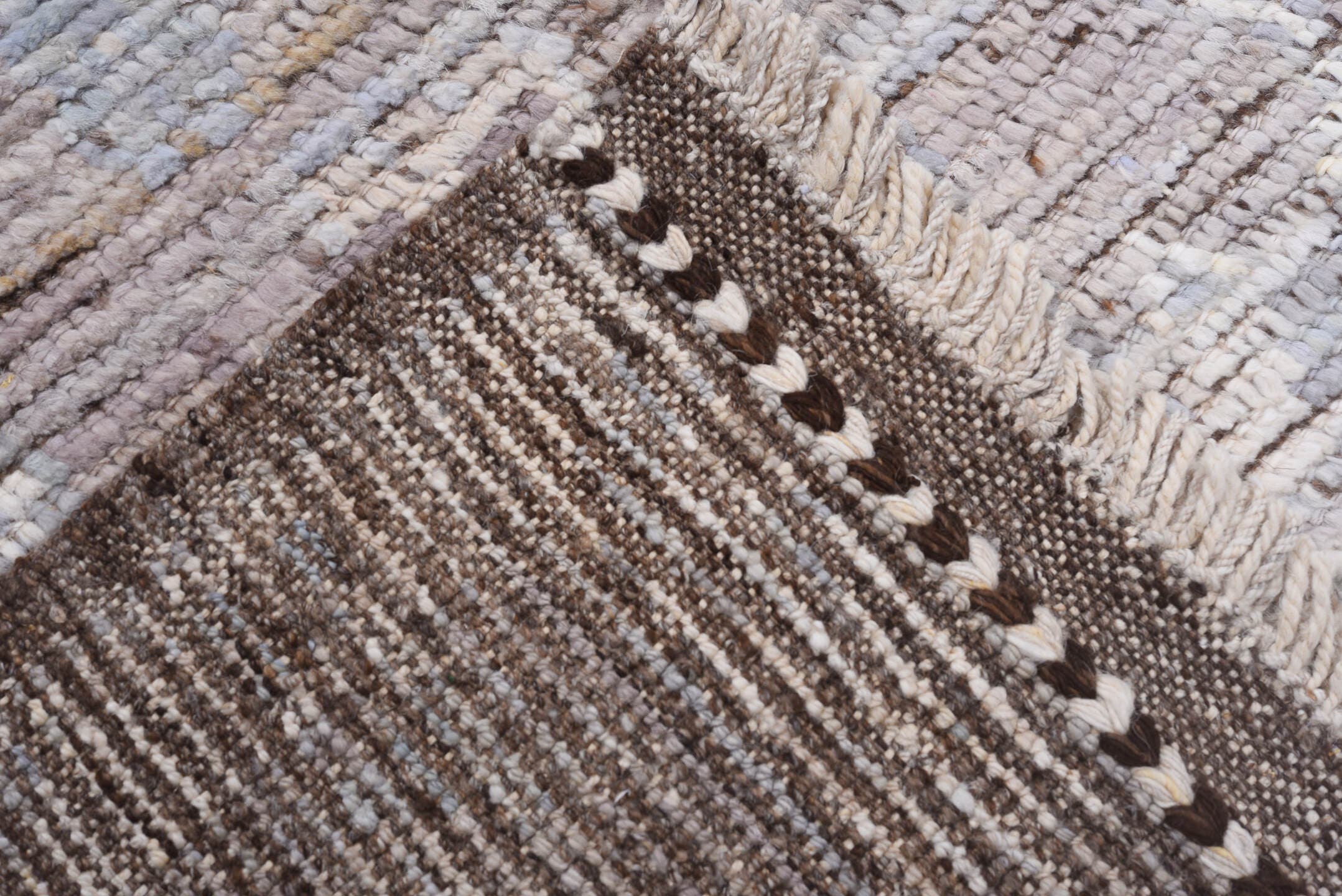 8' x 9' one-of-a-kind handmade vintage Tulu rug. Color palette: taupe, ivory, blush, pale blue, beige, brown, gray, pink