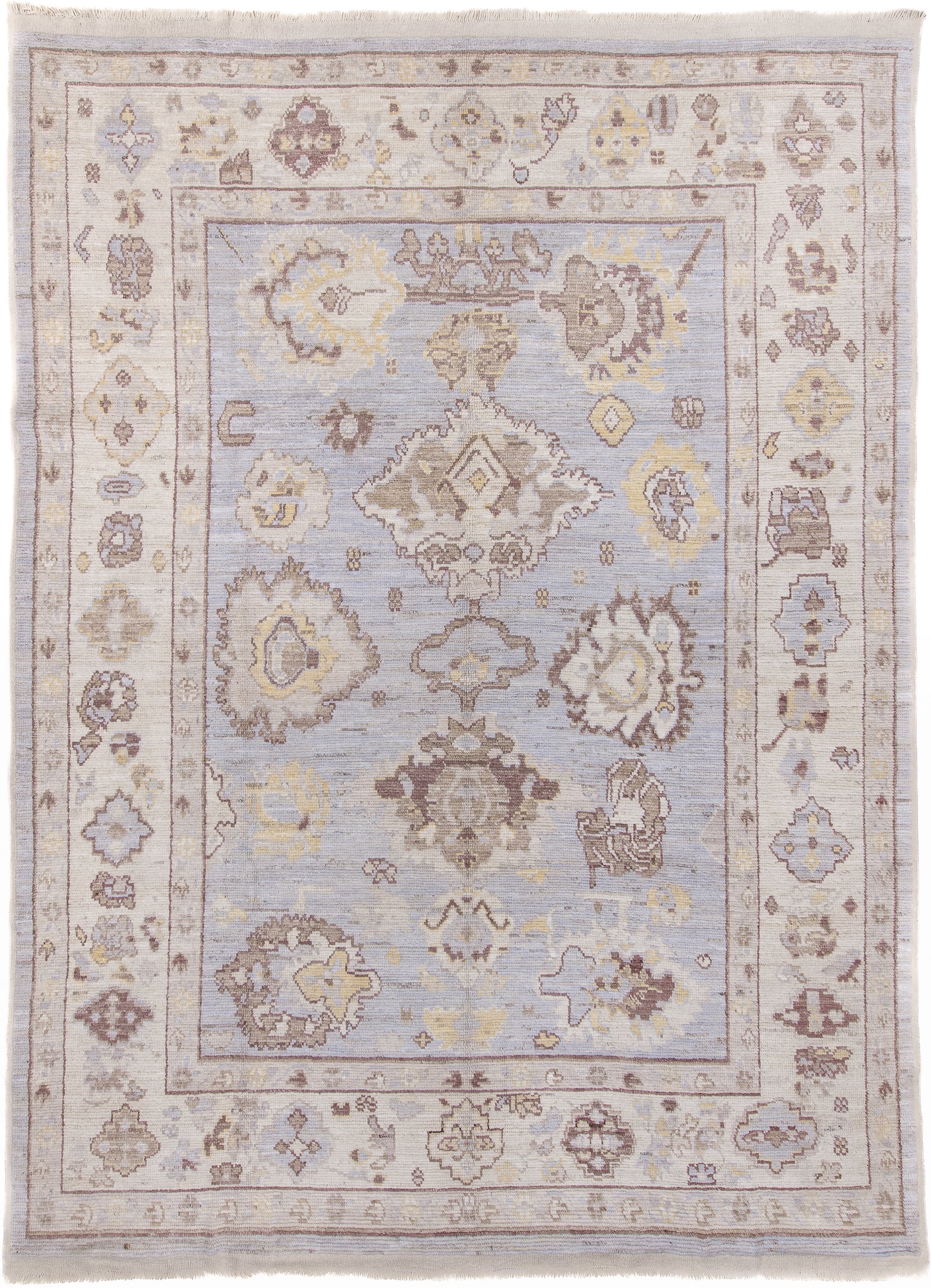 10' x 13' one-of-a-kind handmade vintage Tulu large size rug. Color palette: ivory, light blue, taupe, beige, pale gold