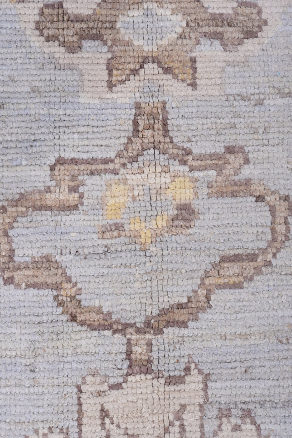 10' x 13' one-of-a-kind handmade vintage Tulu large size rug. Color palette: ivory, light blue, taupe, beige, pale gold