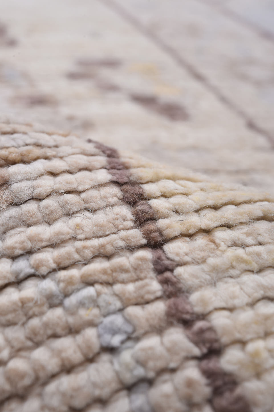 10' x 13' one-of-a-kind handmade vintage Tulu large size rug. Color palette: ivory, light blue, taupe, beige, pale gold