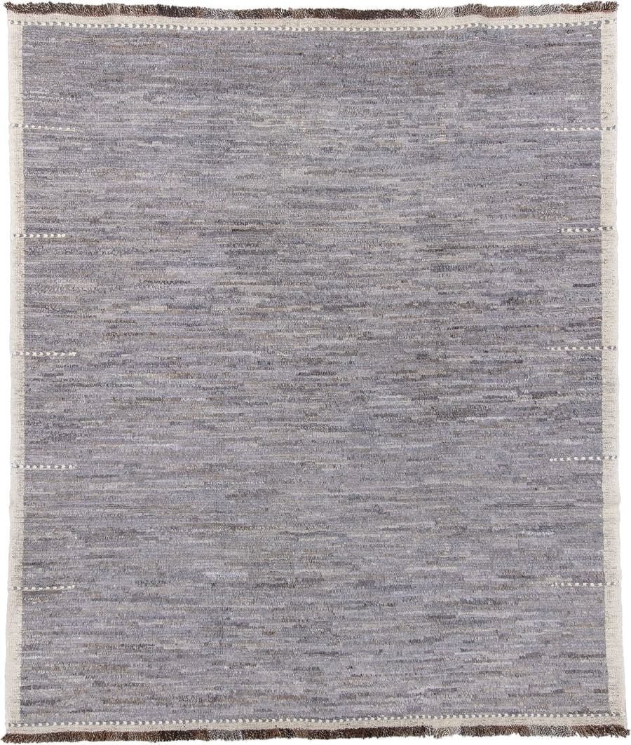 8' x 9' one-of-a-kind handmade vintage Tulu rug. Color palette: gray, ivory, taupe, charcoal, brown, beige, black