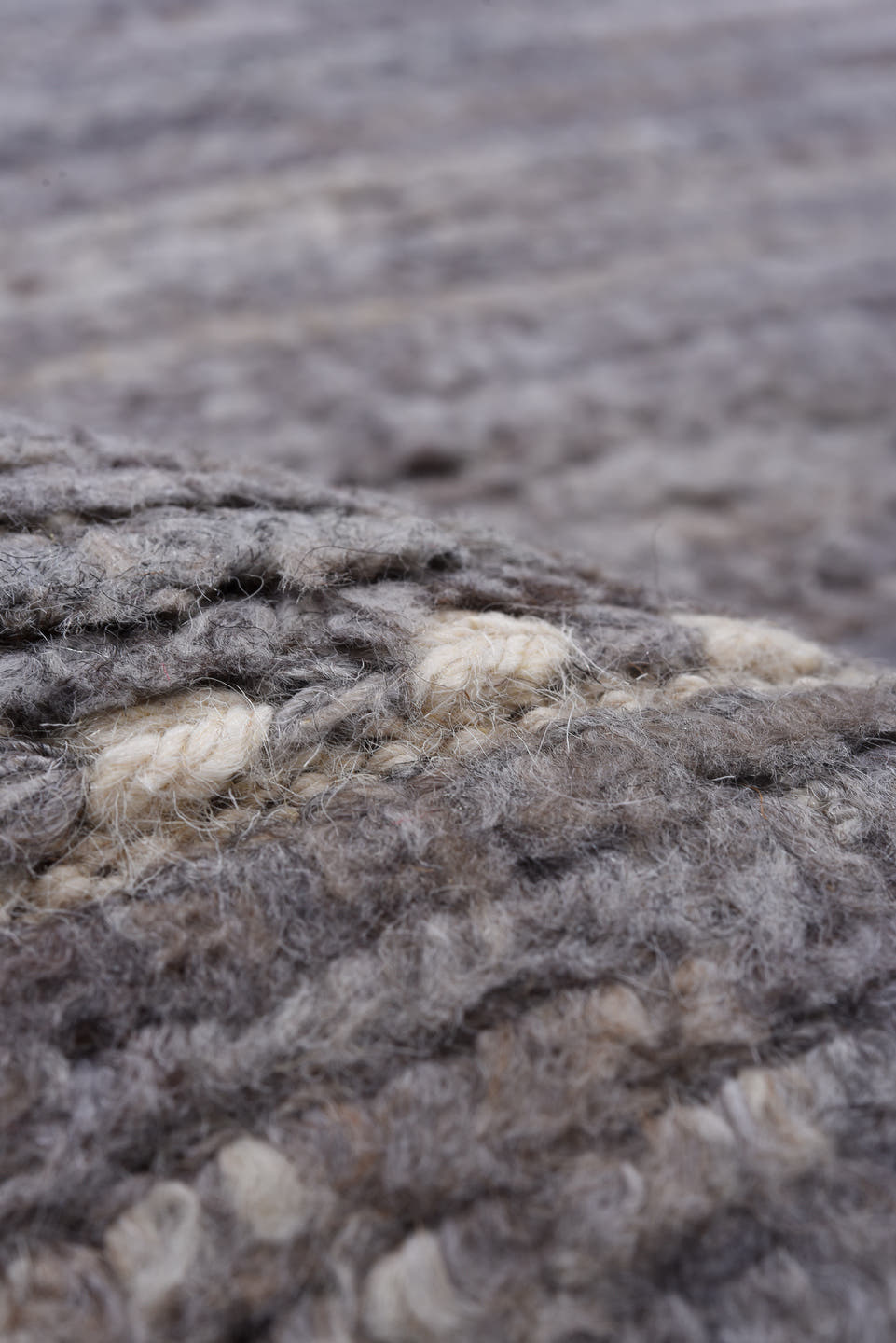 8' x 9' one-of-a-kind handmade vintage Tulu rug. Color palette: gray, ivory, taupe, charcoal, brown, beige, black