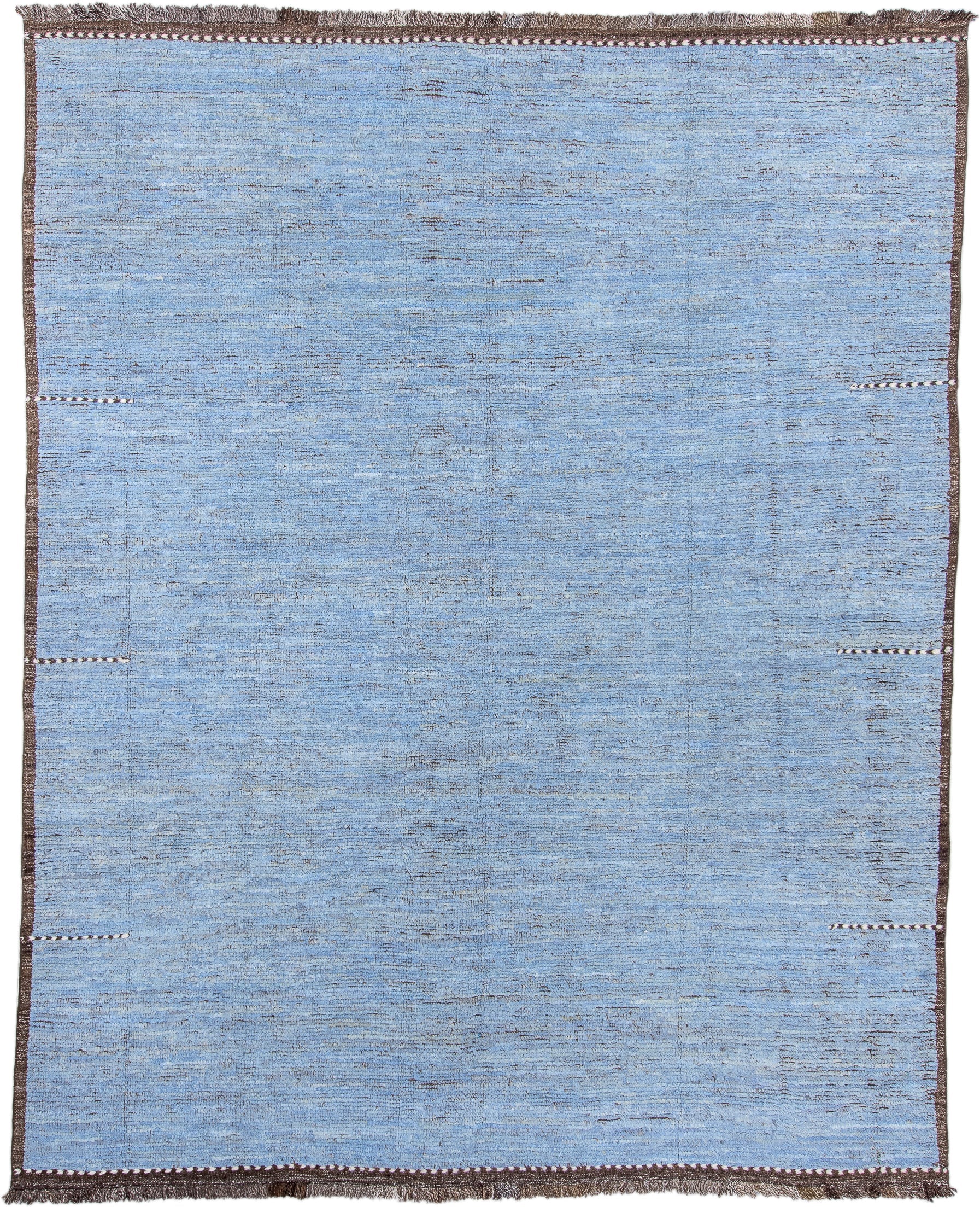9' x 11' one-of-a-kind handmade vintage Tulu large size rug. Color palette: sky blue, brown, ivory, slate, light blue, gray