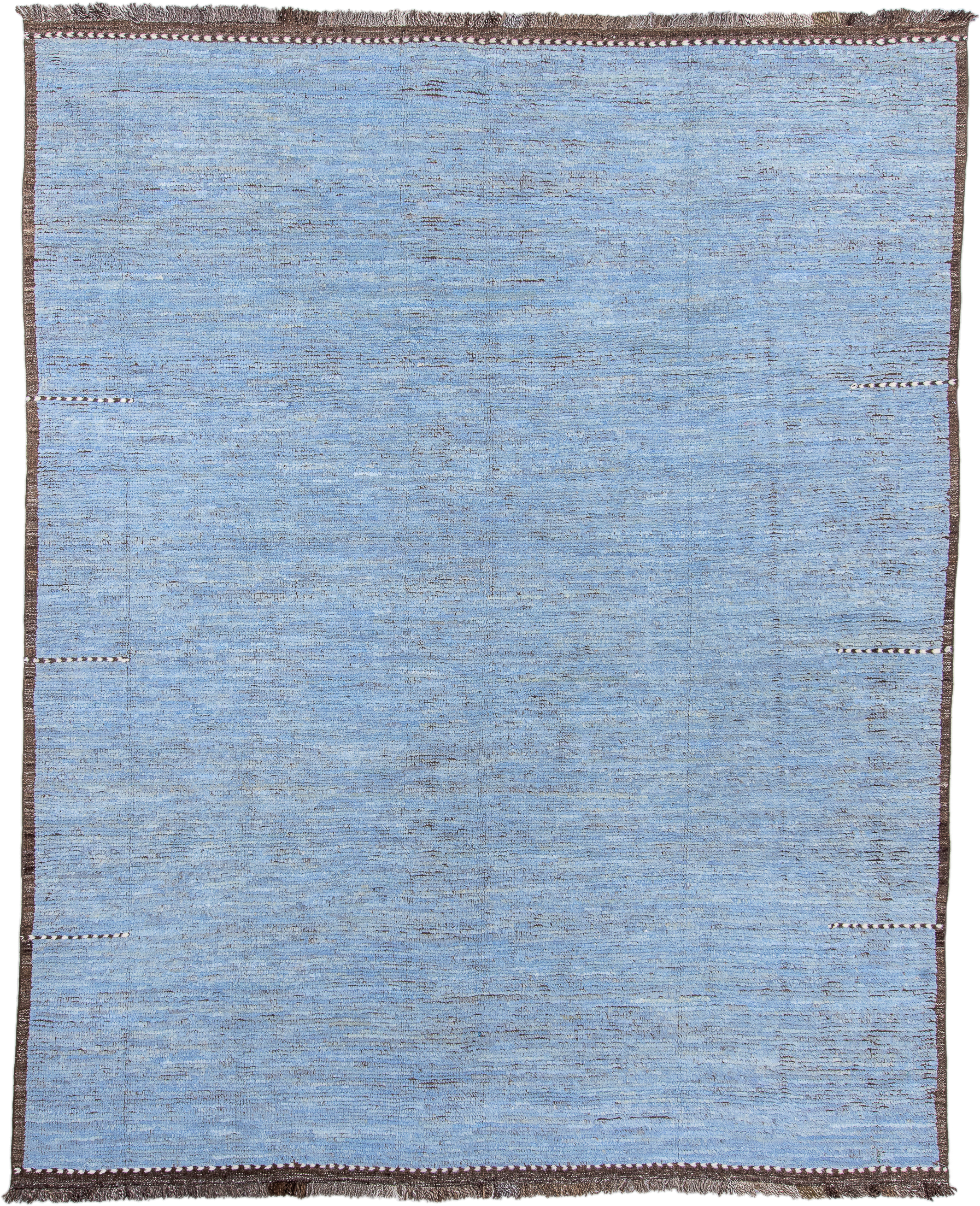 9' x 11' one-of-a-kind handmade vintage Tulu large size rug. Color palette: sky blue, brown, ivory, slate, light blue, gray