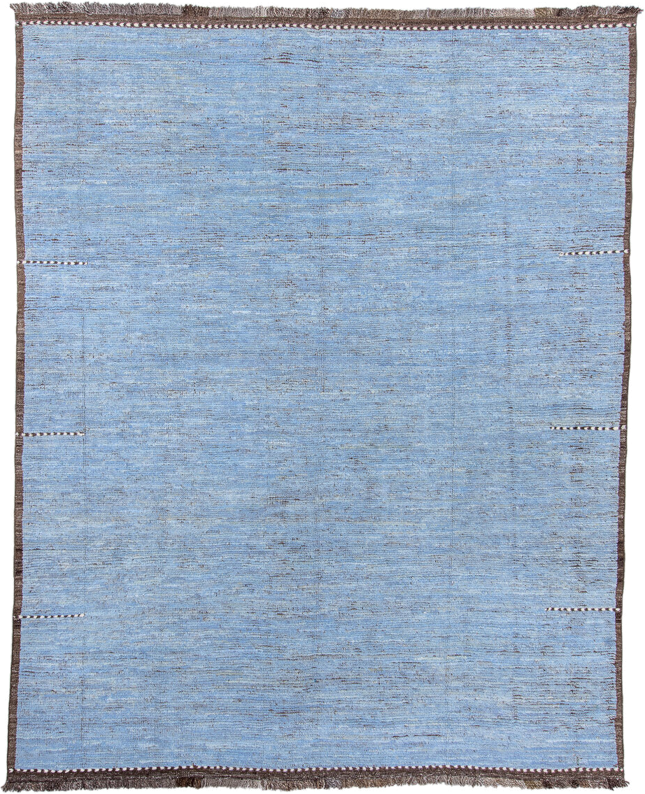 9' x 11' one-of-a-kind handmade vintage Tulu large size rug. Color palette: sky blue, brown, ivory, slate, light blue, gray