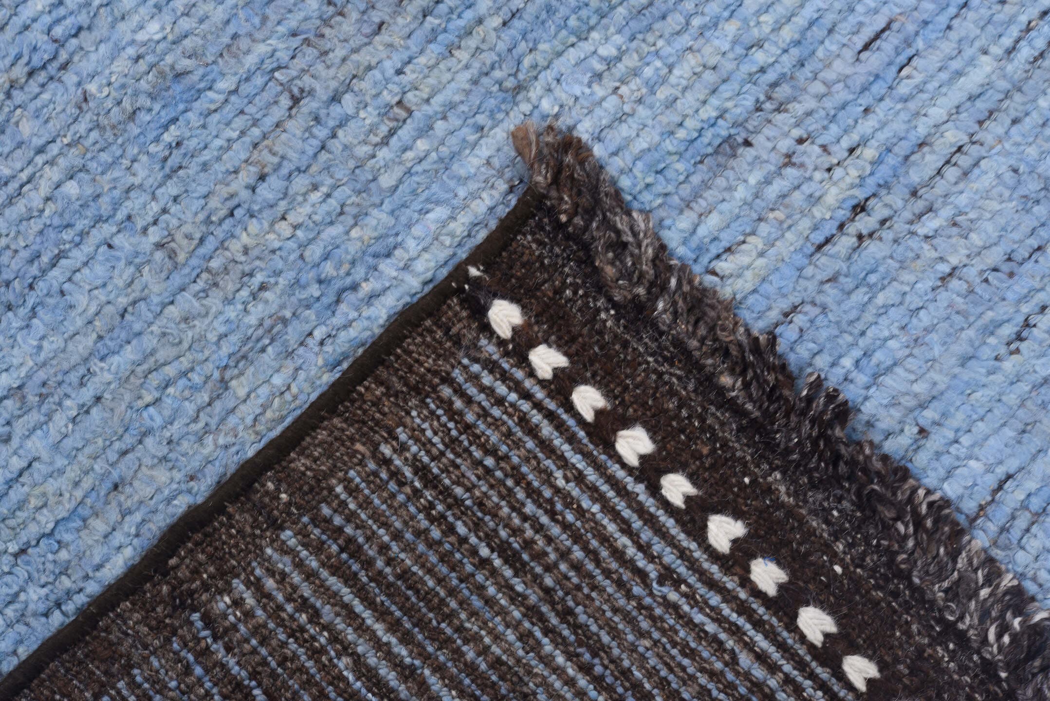 9' x 11' one-of-a-kind handmade vintage Tulu large size rug. Color palette: sky blue, brown, ivory, slate, light blue, gray