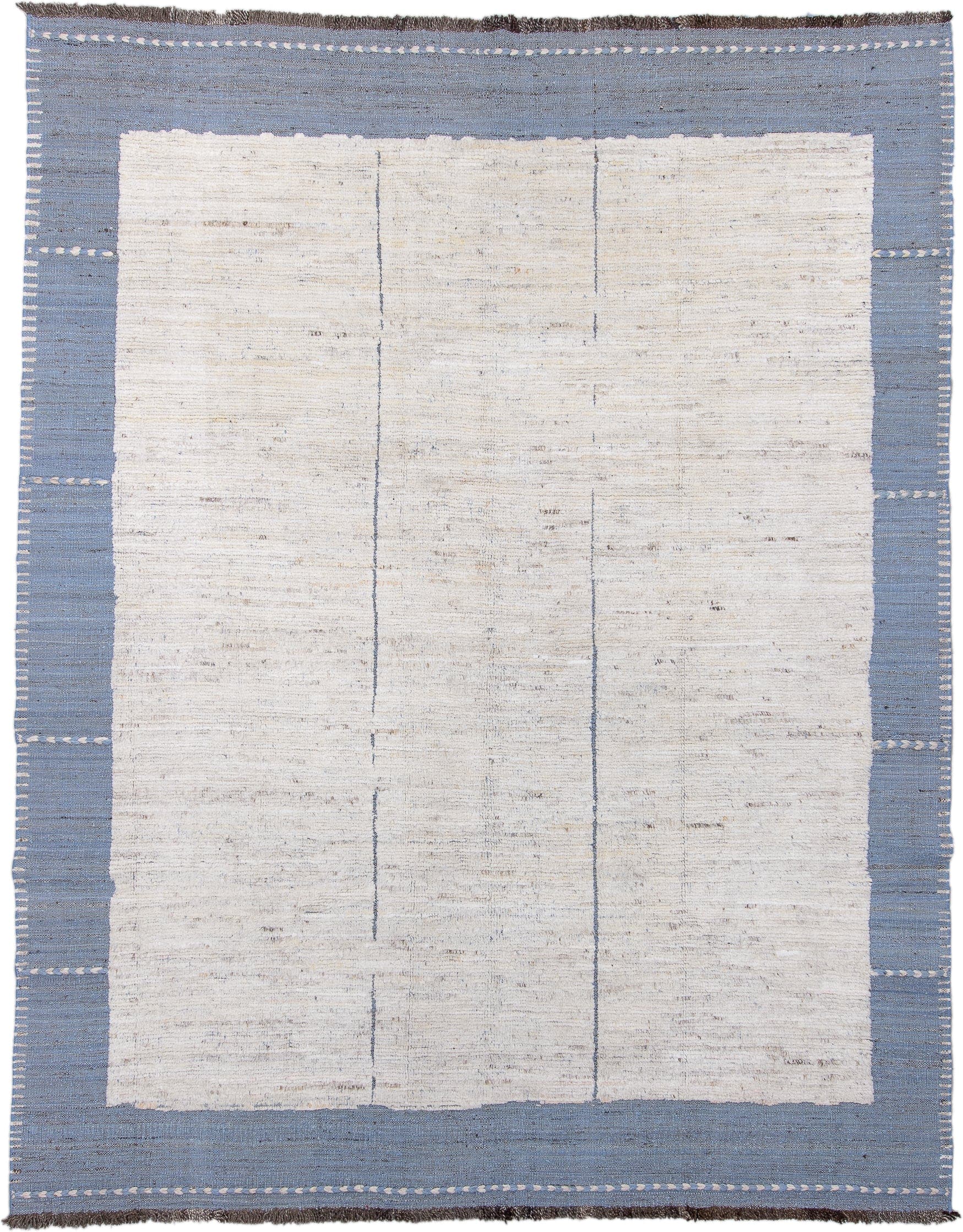 9' x 11' one-of-a-kind handmade vintage Tulu large size rug. Color palette: ivory, blue, slate, taupe, charcoal, gray, beige