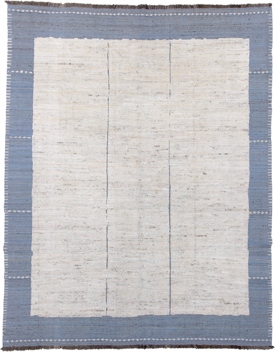 9' x 11' one-of-a-kind handmade vintage Tulu large size rug. Color palette: ivory, blue, slate, taupe, charcoal, gray, beige