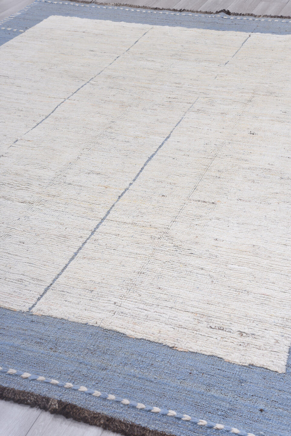 9' x 11' one-of-a-kind handmade vintage Tulu large size rug. Color palette: ivory, blue, slate, taupe, charcoal, gray, beige