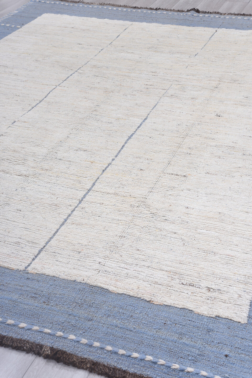9' x 11' one-of-a-kind handmade vintage Tulu large size rug. Color palette: ivory, blue, slate, taupe, charcoal, gray, beige