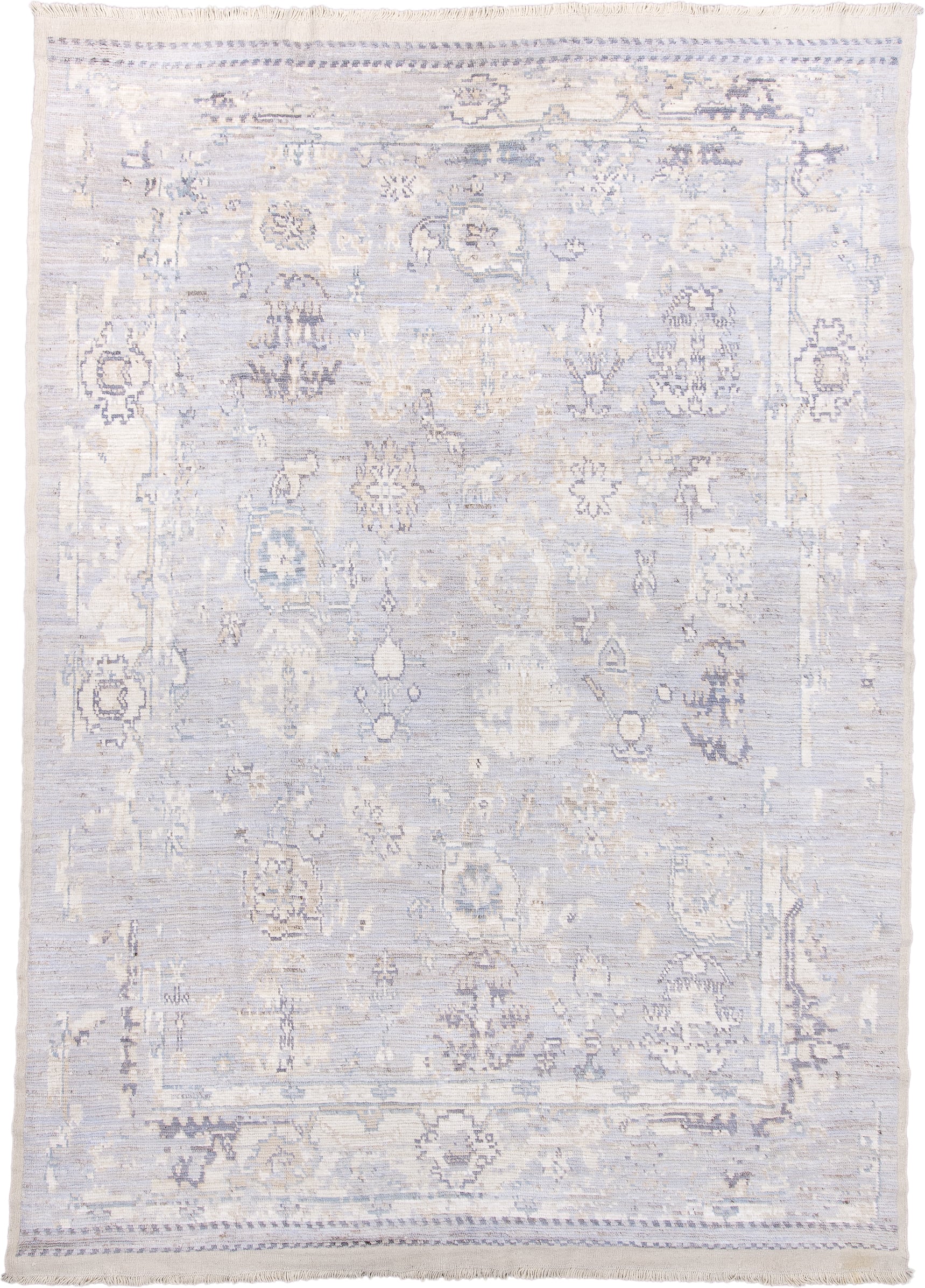 9' x 13' one-of-a-kind handmade vintage Tulu large size rug. Color palette: ivory, pale blue, lavender, cream, taupe