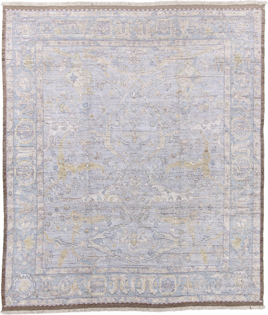 8' x 10' one-of-a-kind handmade vintage Tulu large size rug. Color palette: pale blue, ivory, taupe, muted gold, beige