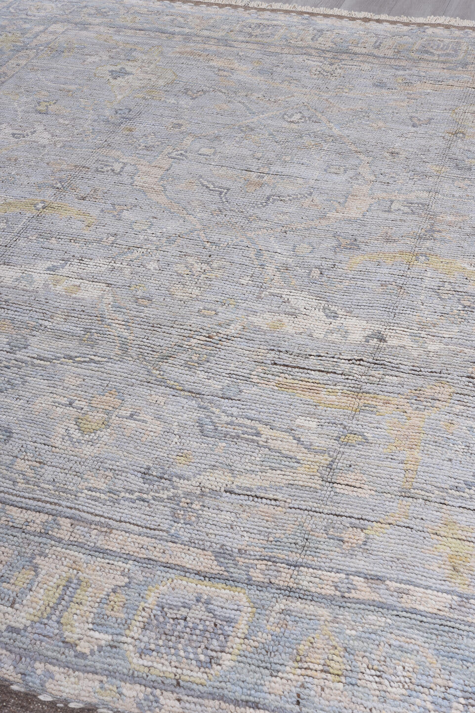 8' x 10' one-of-a-kind handmade vintage Tulu large size rug. Color palette: pale blue, ivory, taupe, muted gold, beige