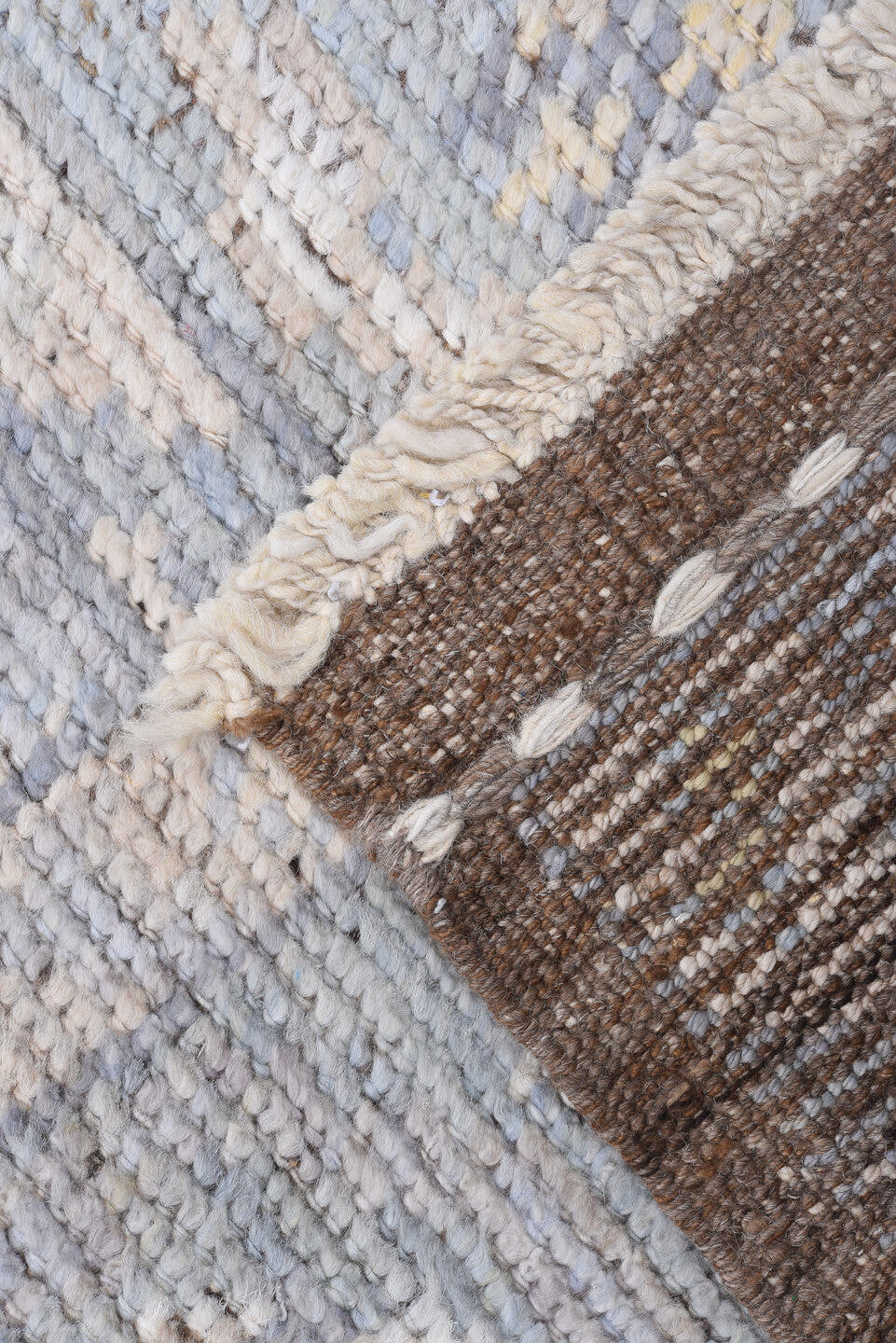 8' x 10' one-of-a-kind handmade vintage Tulu large size rug. Color palette: pale blue, ivory, taupe, muted gold, beige