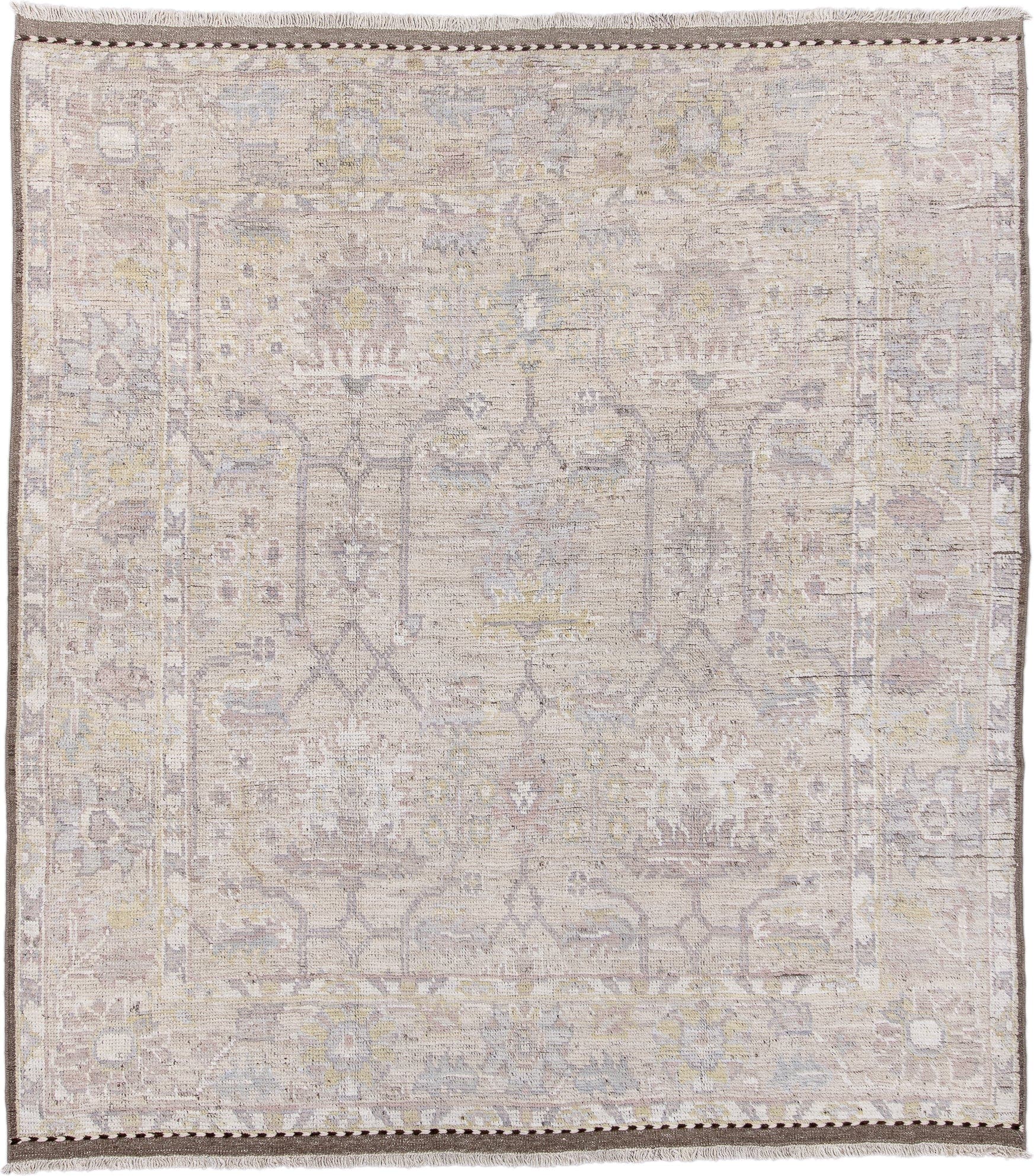 8' x 9' one-of-a-kind handmade vintage Tulu rug. Color palette: ivory, taupe, blush, sage, soft_gold, gray, beige, pink