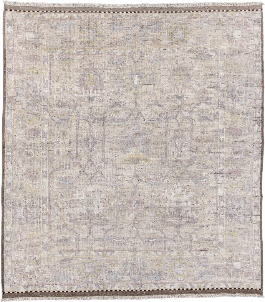 8' x 9' one-of-a-kind handmade vintage Tulu rug. Color palette: ivory, taupe, blush, sage, soft_gold, gray, beige, pink