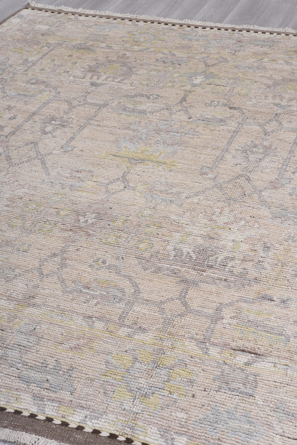 8' x 9' one-of-a-kind handmade vintage Tulu rug. Color palette: ivory, taupe, blush, sage, soft_gold, gray, beige, pink