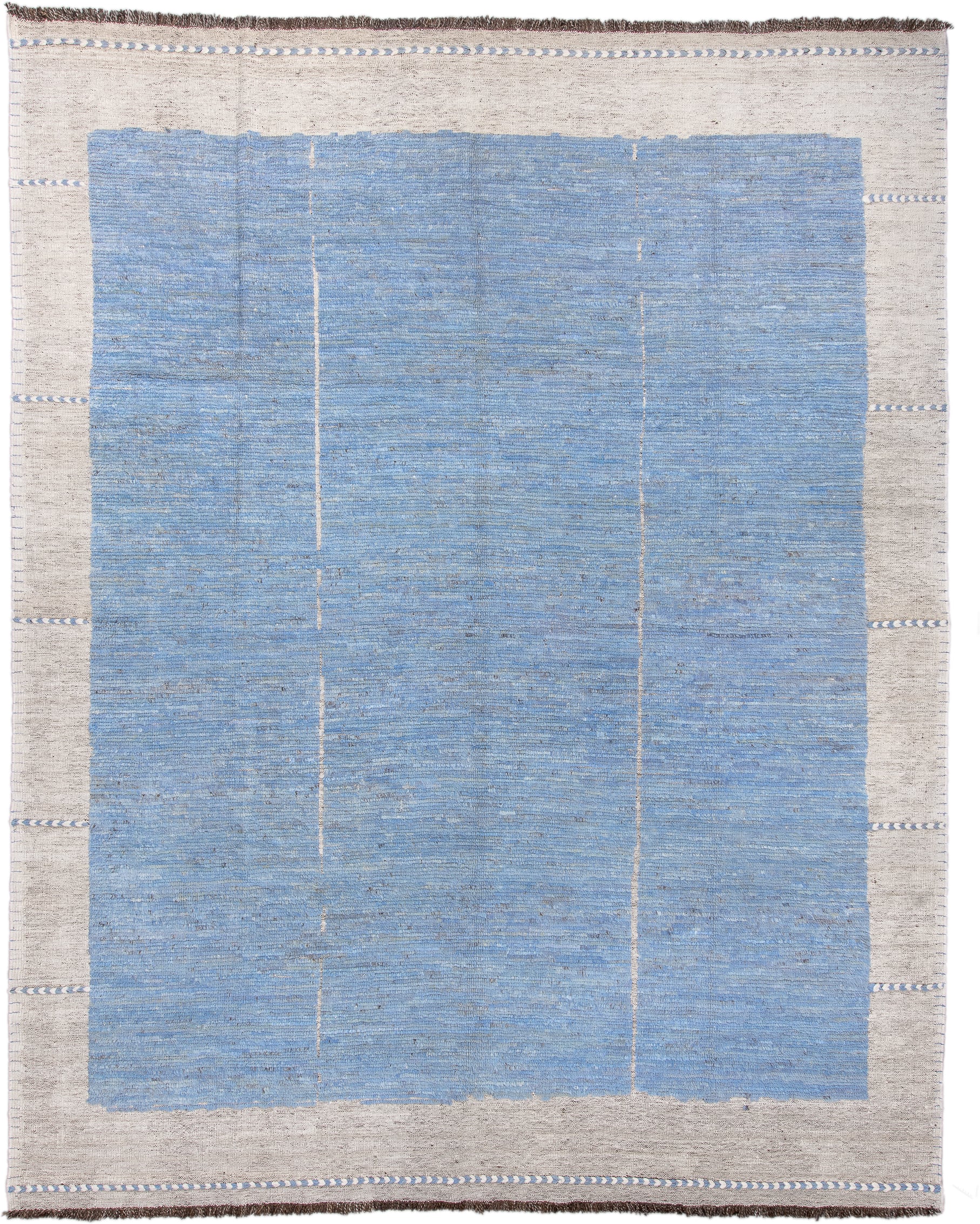 10' x 13' one-of-a-kind handmade vintage Tulu large size rug. Color palette: sky blue, ivory, taupe, brown, light blue
