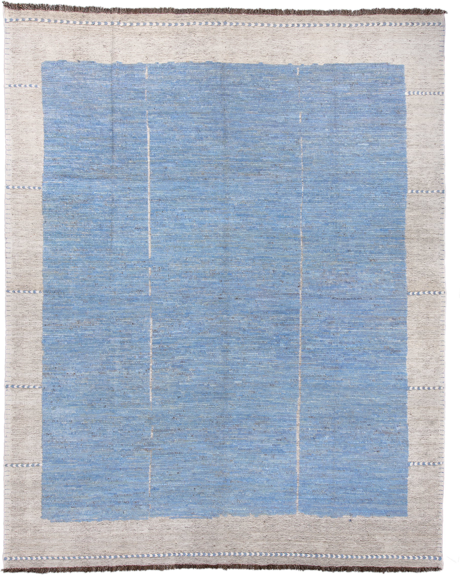 10' x 13' one-of-a-kind handmade vintage Tulu large size rug. Color palette: sky blue, ivory, taupe, brown, light blue
