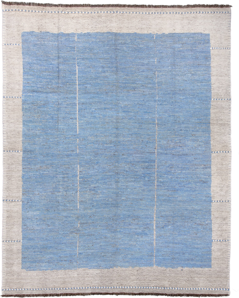 10' x 13' one-of-a-kind handmade vintage Tulu large size rug. Color palette: sky blue, ivory, taupe, brown, light blue