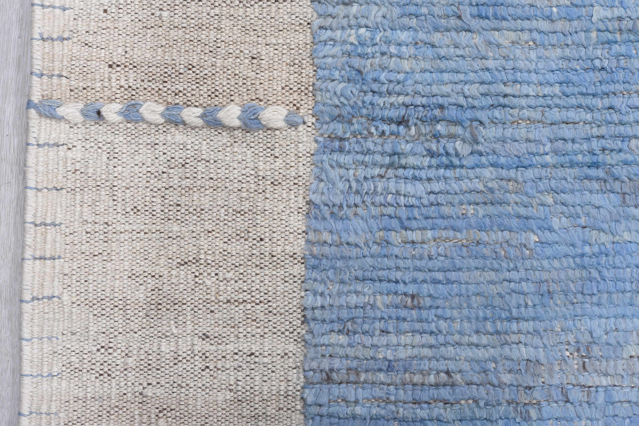 10' x 13' one-of-a-kind handmade vintage Tulu large size rug. Color palette: sky blue, ivory, taupe, brown, light blue