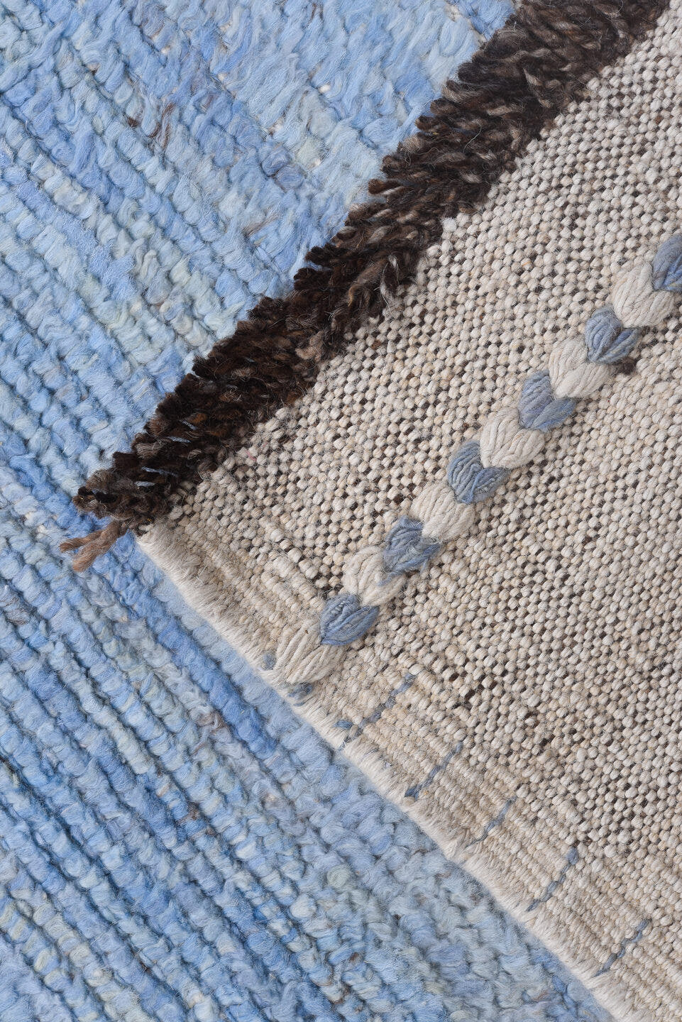 10' x 13' one-of-a-kind handmade vintage Tulu large size rug. Color palette: sky blue, ivory, taupe, brown, light blue
