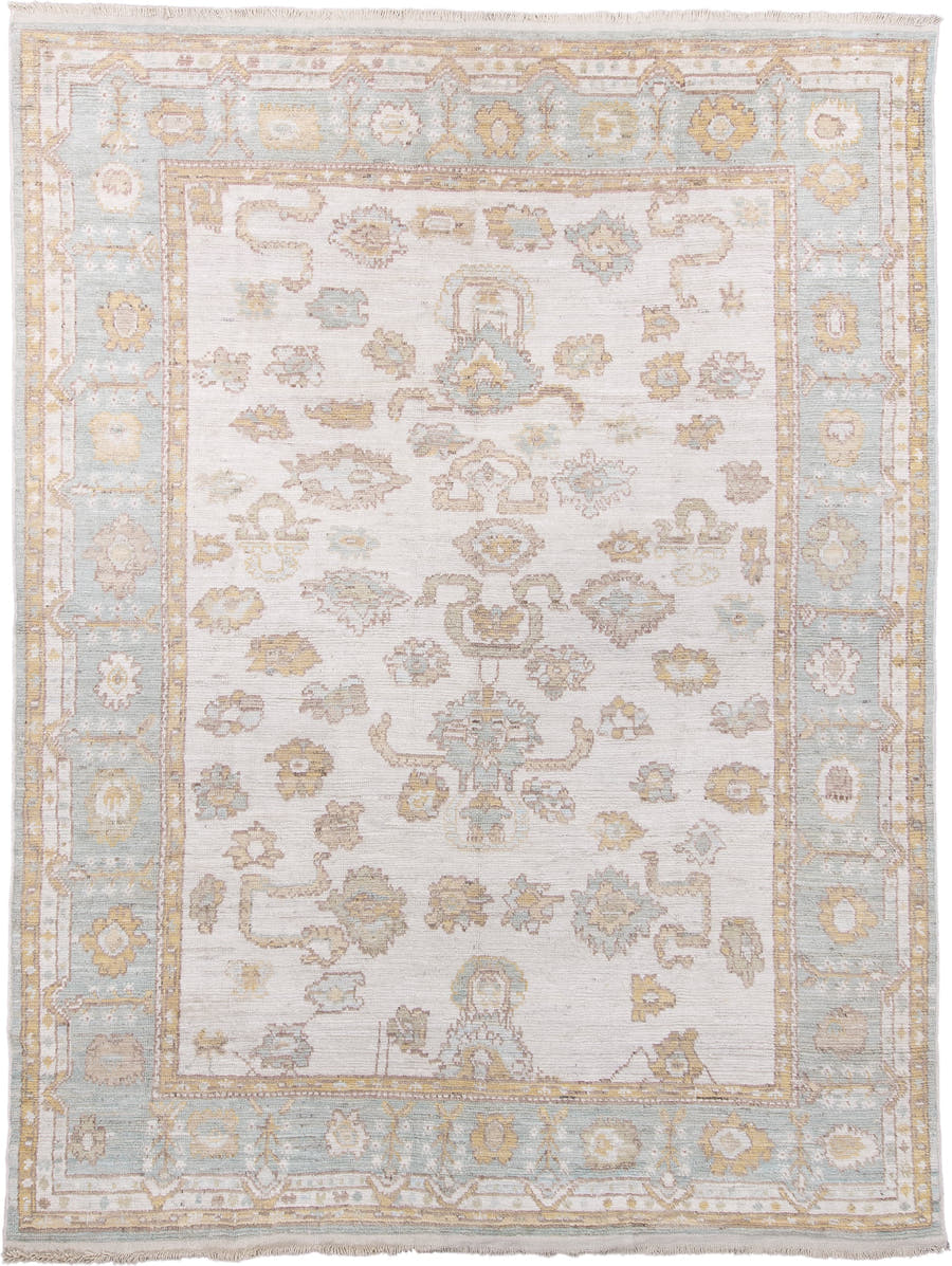 10' x 13' one-of-a-kind handmade vintage Tulu large size rug. Color palette: ivory, powder_blue, taupe, gold, cream