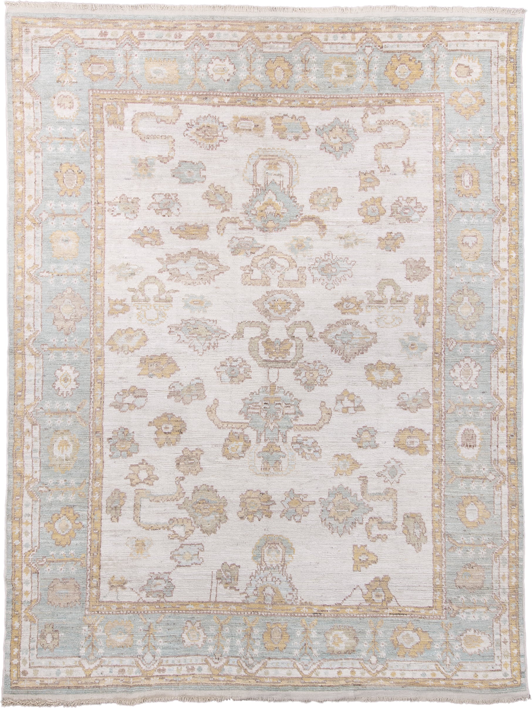 10' x 13' one-of-a-kind handmade vintage Tulu large size rug. Color palette: ivory, powder_blue, taupe, gold, cream
