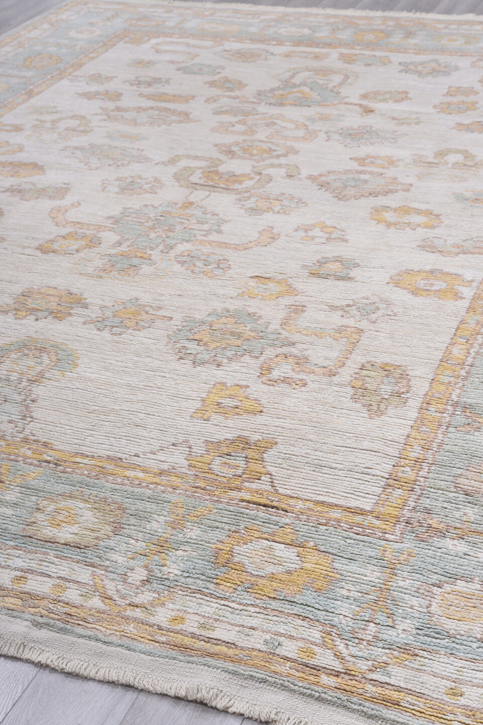 10' x 13' one-of-a-kind handmade vintage Tulu large size rug. Color palette: ivory, powder_blue, taupe, gold, cream