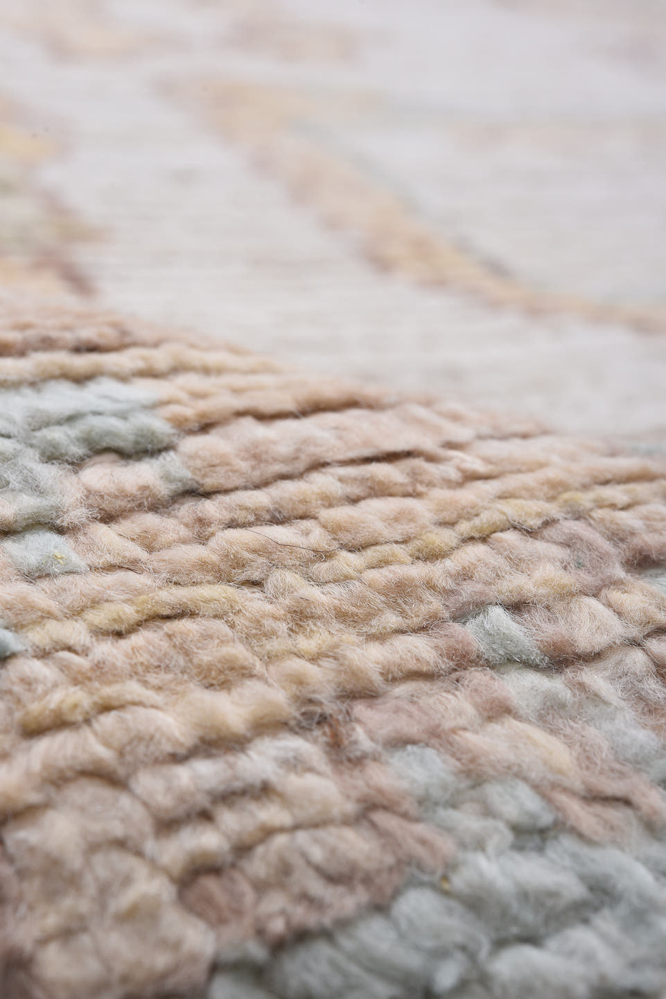 10' x 13' one-of-a-kind handmade vintage Tulu large size rug. Color palette: ivory, powder_blue, taupe, gold, cream